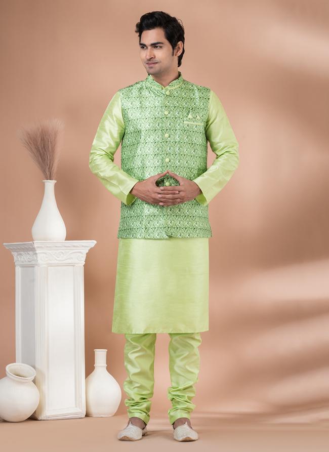 Silk Lime Green Wedding Wear Embroidery Work Readymade Modi Jacket Kurta Pajama